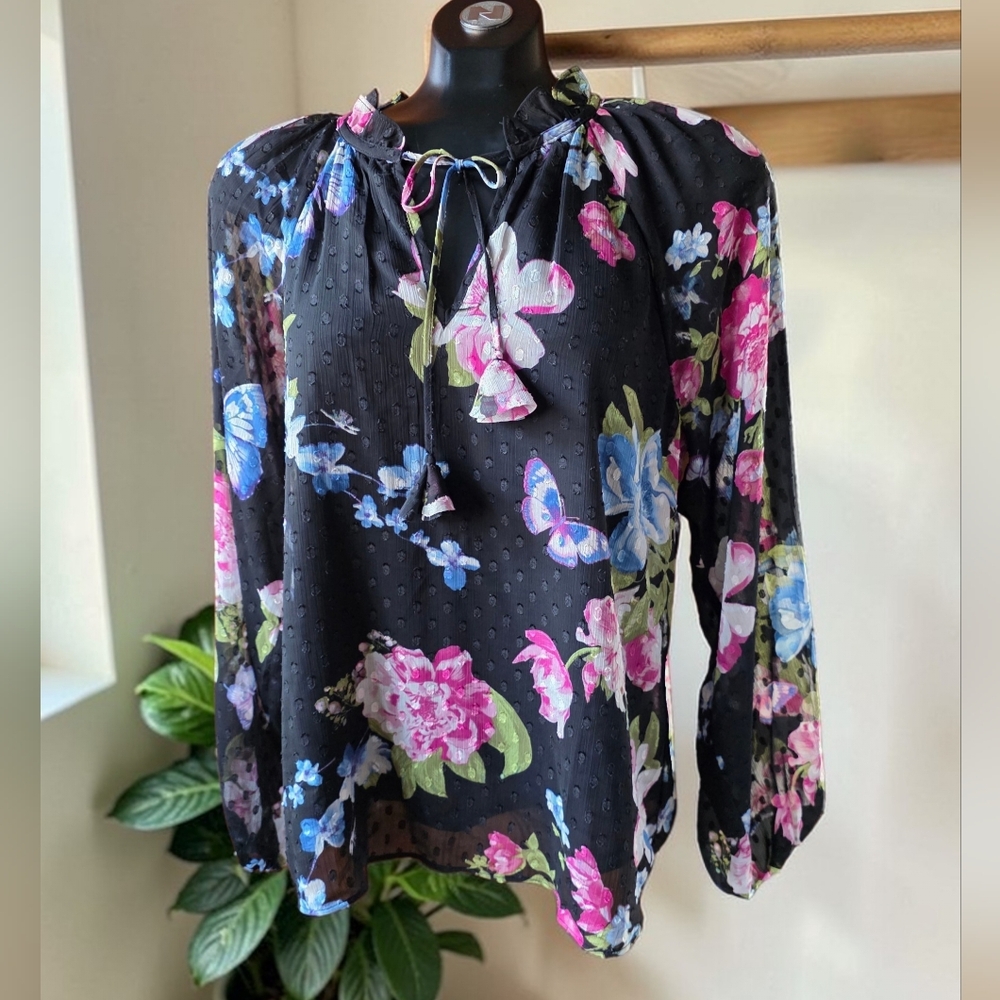 Women’s Black Pink & Blue Floral Butterfly Long-Sleeve Peasant Blouse Size L